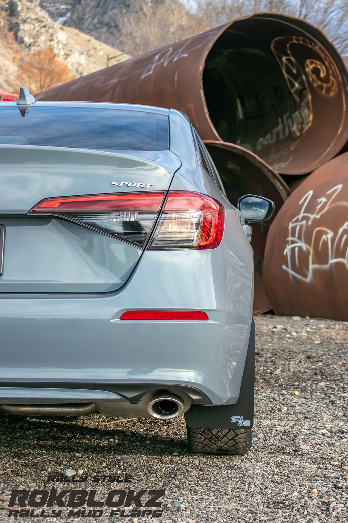 11th Gen  Honda Civic FT. Rokblokz Rally Mud Flaps in Black - Rear straight on