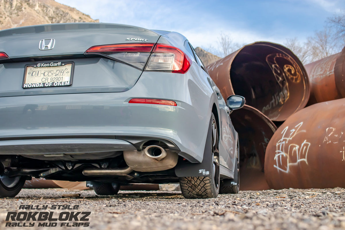 11th Gen  Honda Civic FT. Rokblokz Rally Mud Flaps in Black - rear angled up