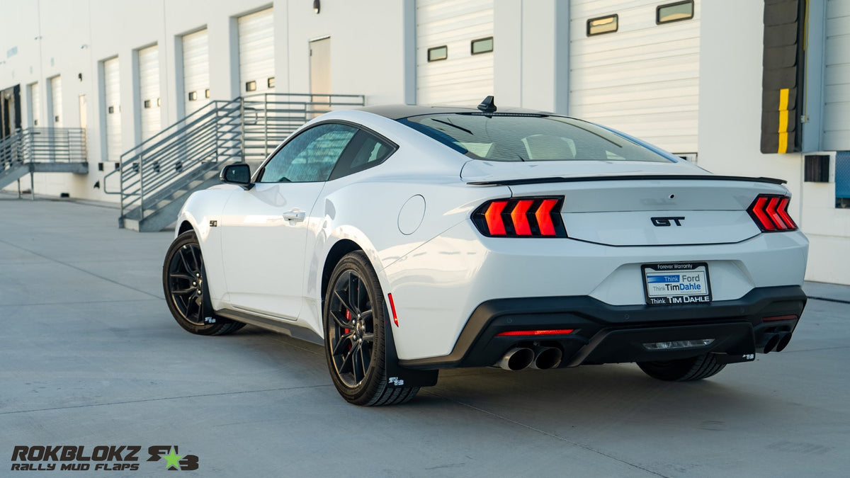 2024 Mustang GT Featuring Rokblokz Rally Style Mud Flaps - rear 3/4 view