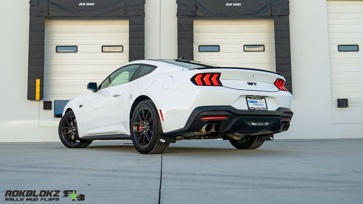 2024 Mustang GT Featuring Rokblokz Rally Style Mud Flaps - rear angle