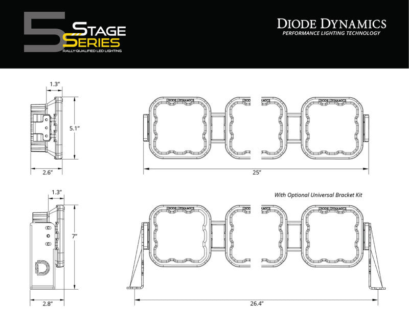 Diode Dynamics SS5 Sport Universal CrossLink 4-Pod Lightbar - White Combo - DD6794