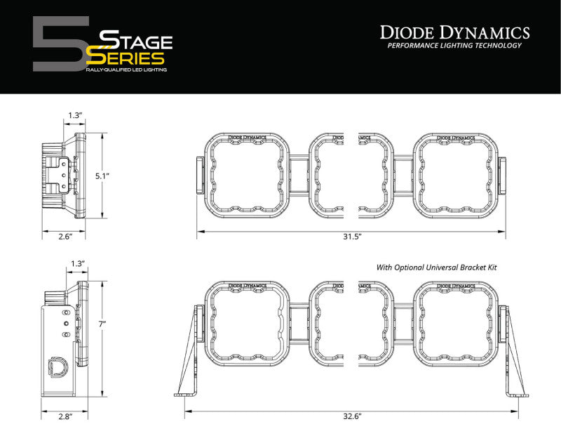 Diode Dynamics SS5 Sport Universal CrossLink 5-Pod Lightbar - White Combo - DD6796