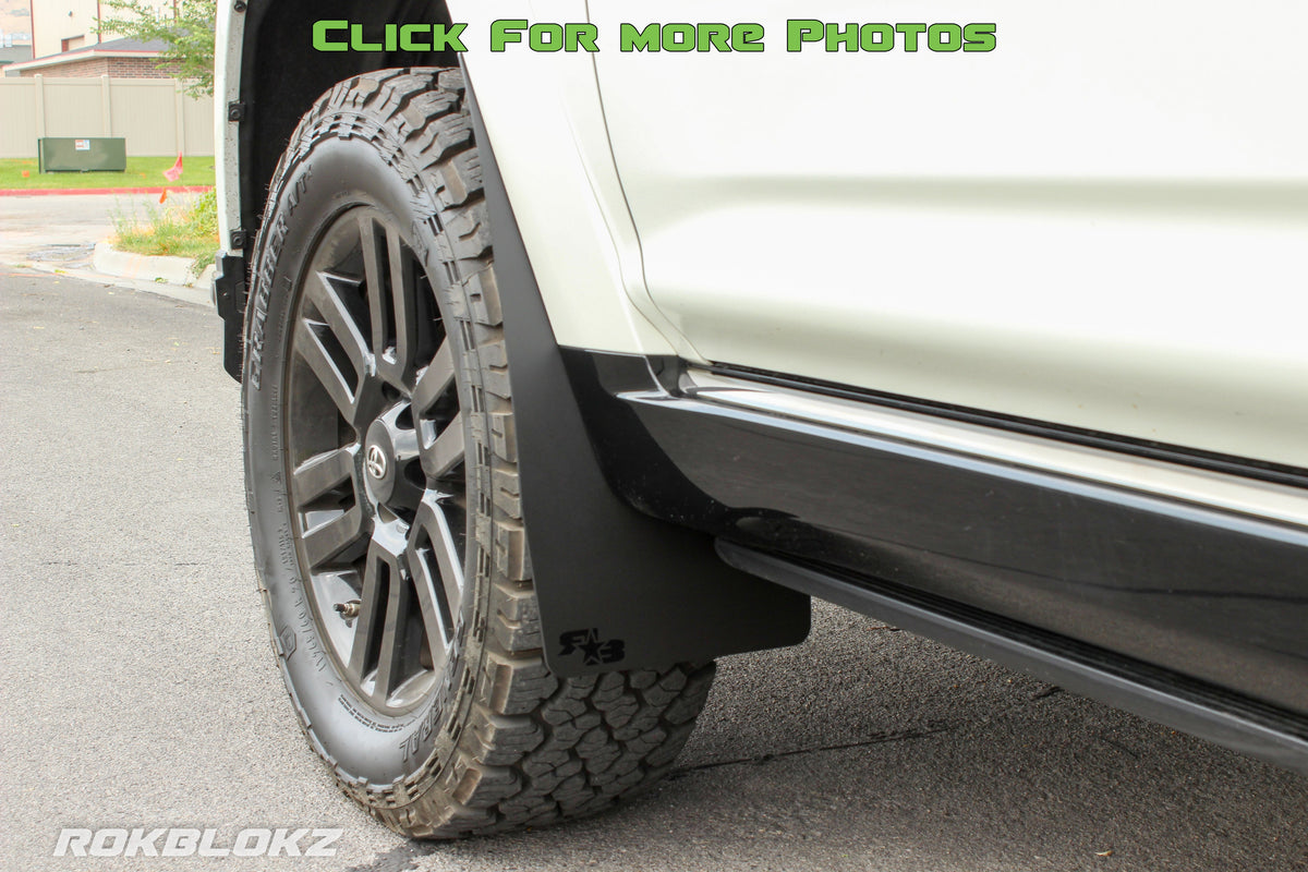 5th Gen 4Runner featuring Rokblokz Original Front Mud Flaps in Black w/ Black Logos