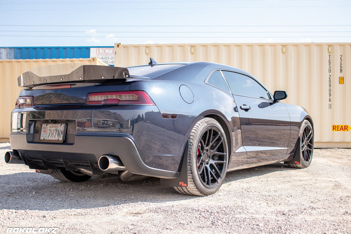 2016 Camaro featuring Rokblokz Rally Style Mud Flaps in Black w/ red logo