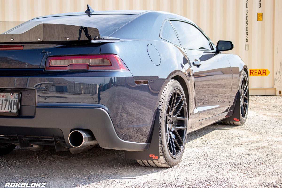 2016 Camaro featuring Rokblokz Rally Style Mud Flaps in Black w/ red logo