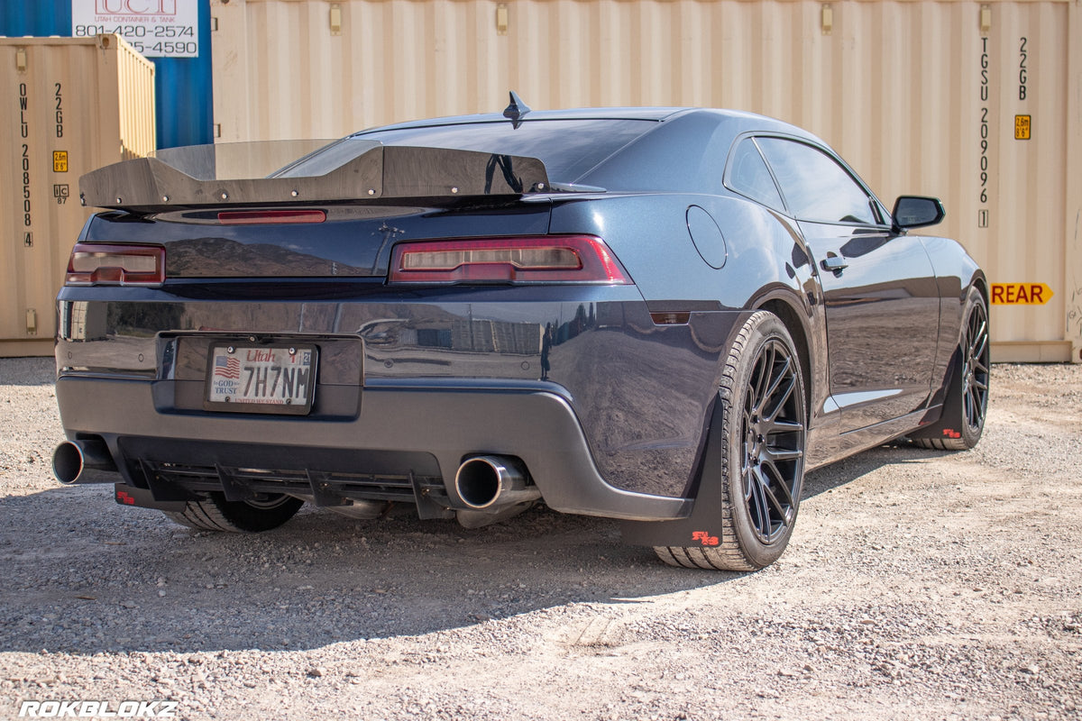 2016 Camaro featuring Rokblokz Rally Style Mud Flaps in Black w/ red logo