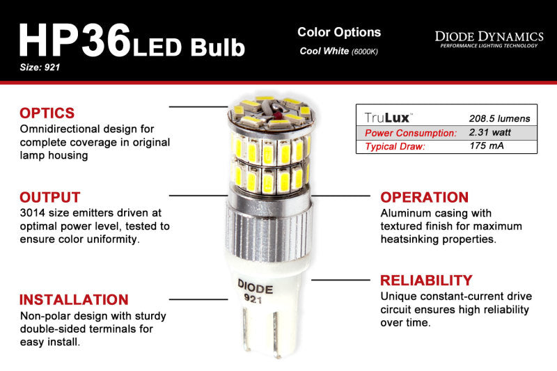 Diode Dynamics 921 LED Bulb HP36 LED - Cool - White (Pair) - DD0143P