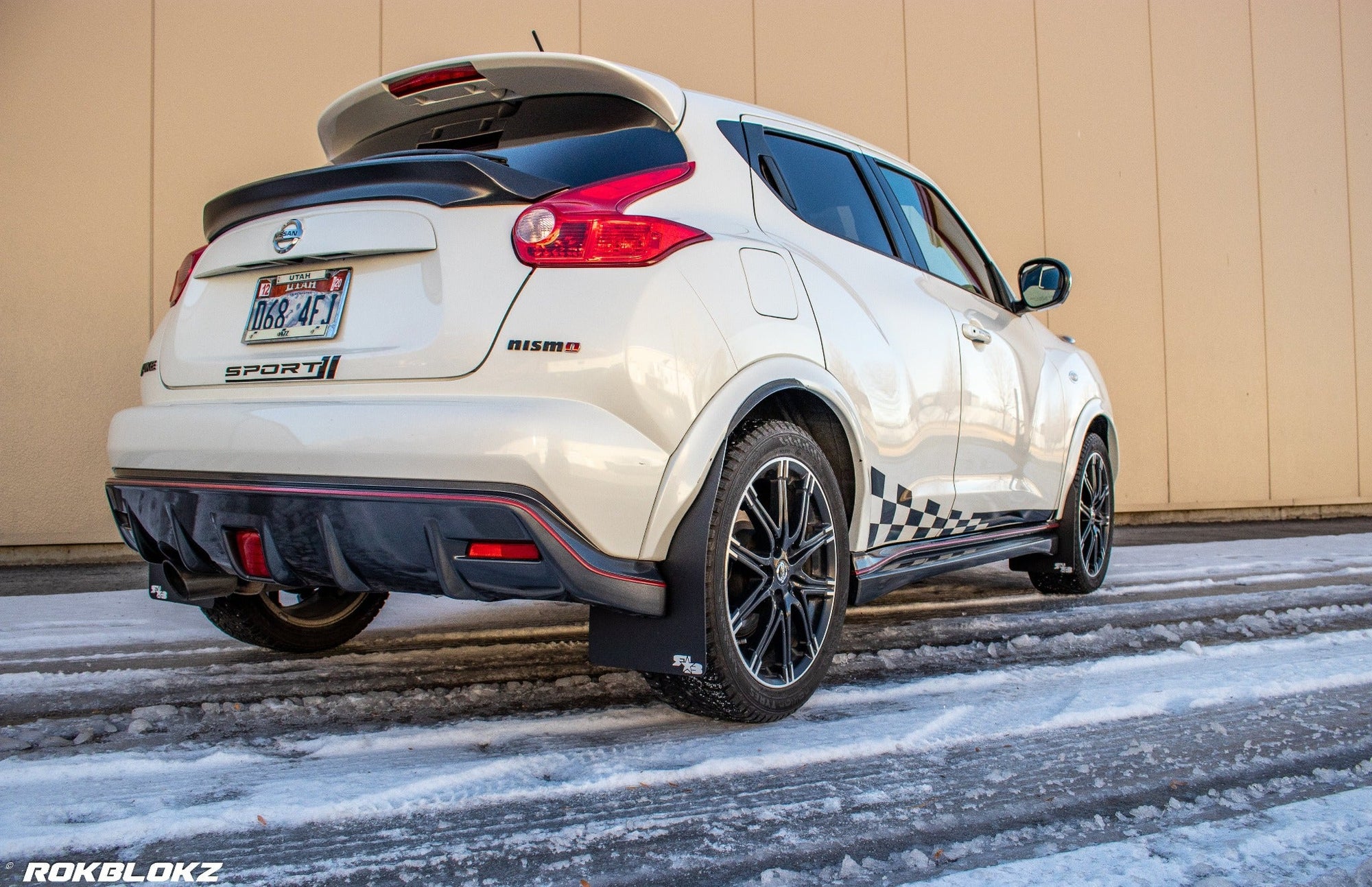 10-17 Nissan Juke NISMO featuring Rokblokz Rally Mud Flaps - rear 3/4