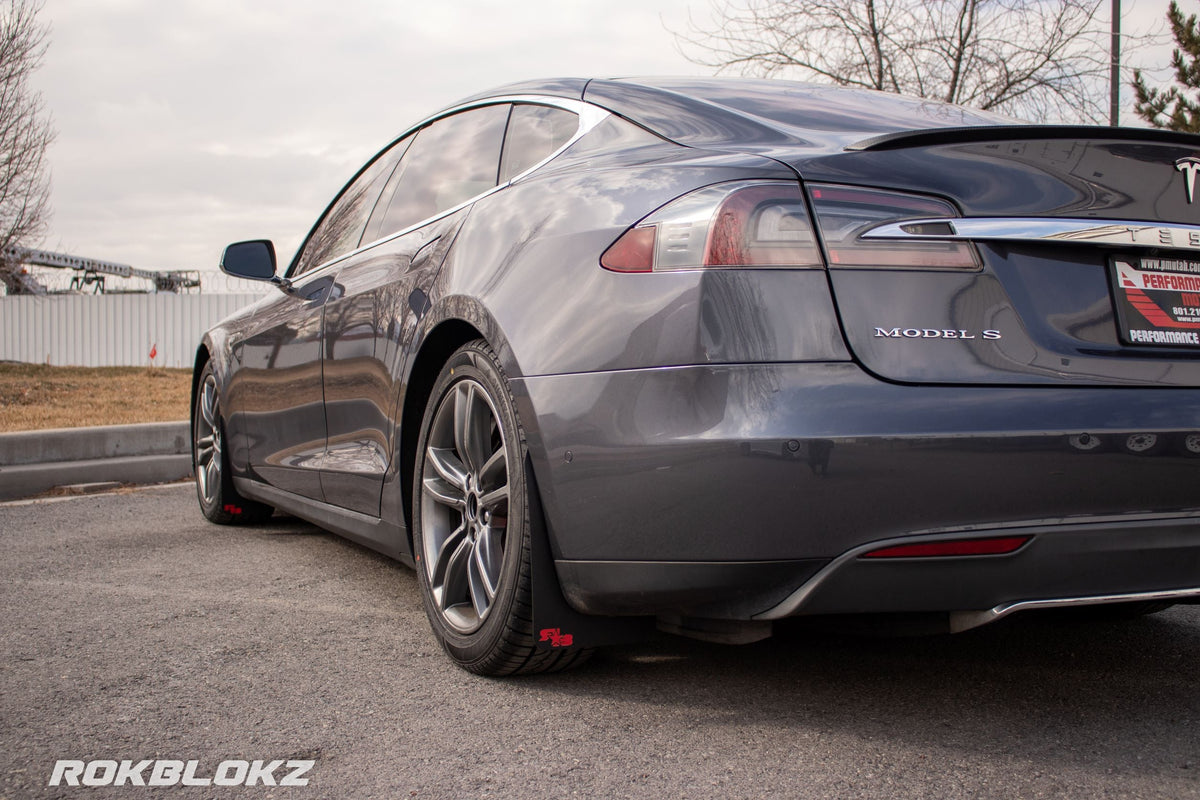 2012+ Tesla Model S with Rokblokz Rally Mud Flaps in Black W/Red Logo