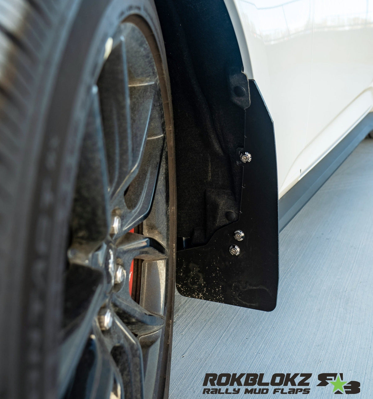 2024 Mustang GT Featuring Rokblokz Rally Style Mud Flaps  front install