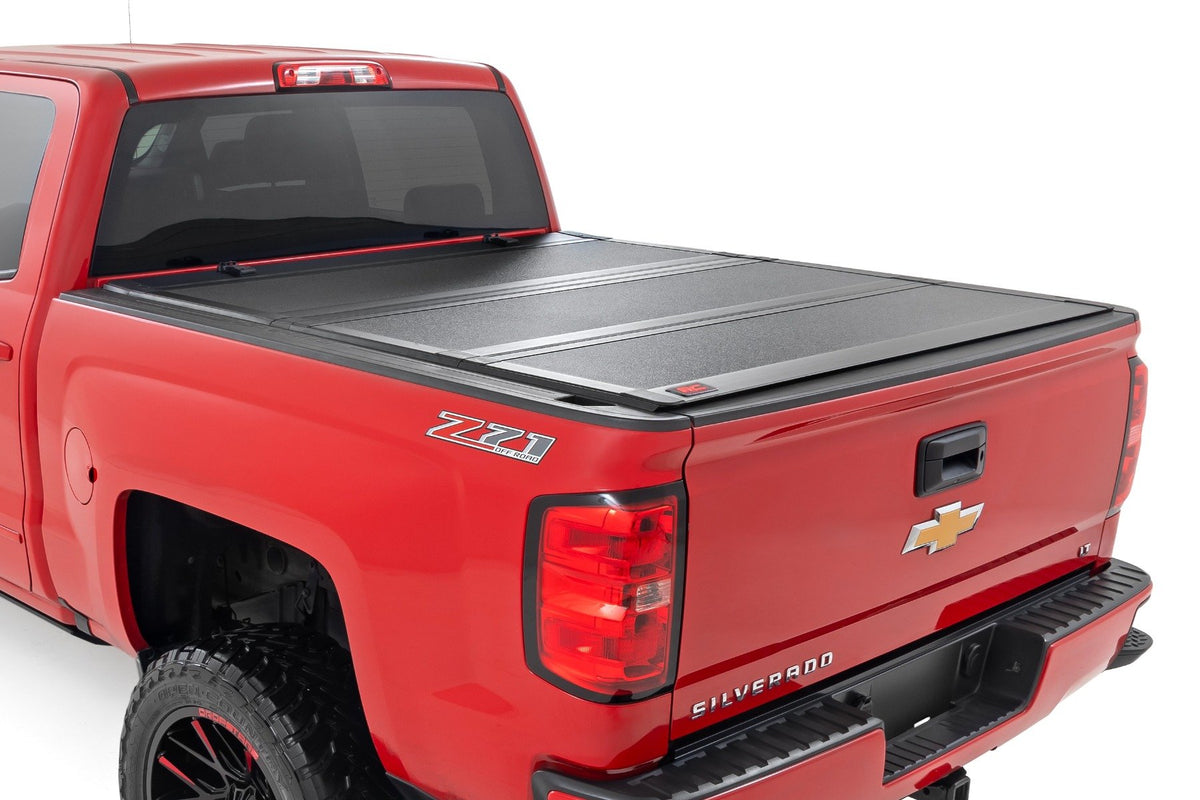 Hard Tri-Fold Flip Up Bed Cover | 6&#39;7&quot; Bed | Rail Cap | Chevy/GMC 1500/2500HD/3500HD (14-19)