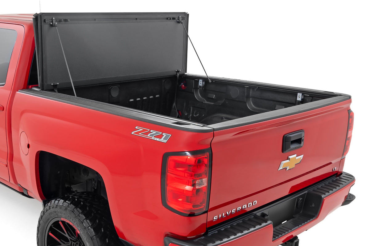 Hard Tri-Fold Flip Up Bed Cover | 6&#39;7&quot; Bed | Rail Cap | Chevy/GMC 1500/2500HD/3500HD (14-19)