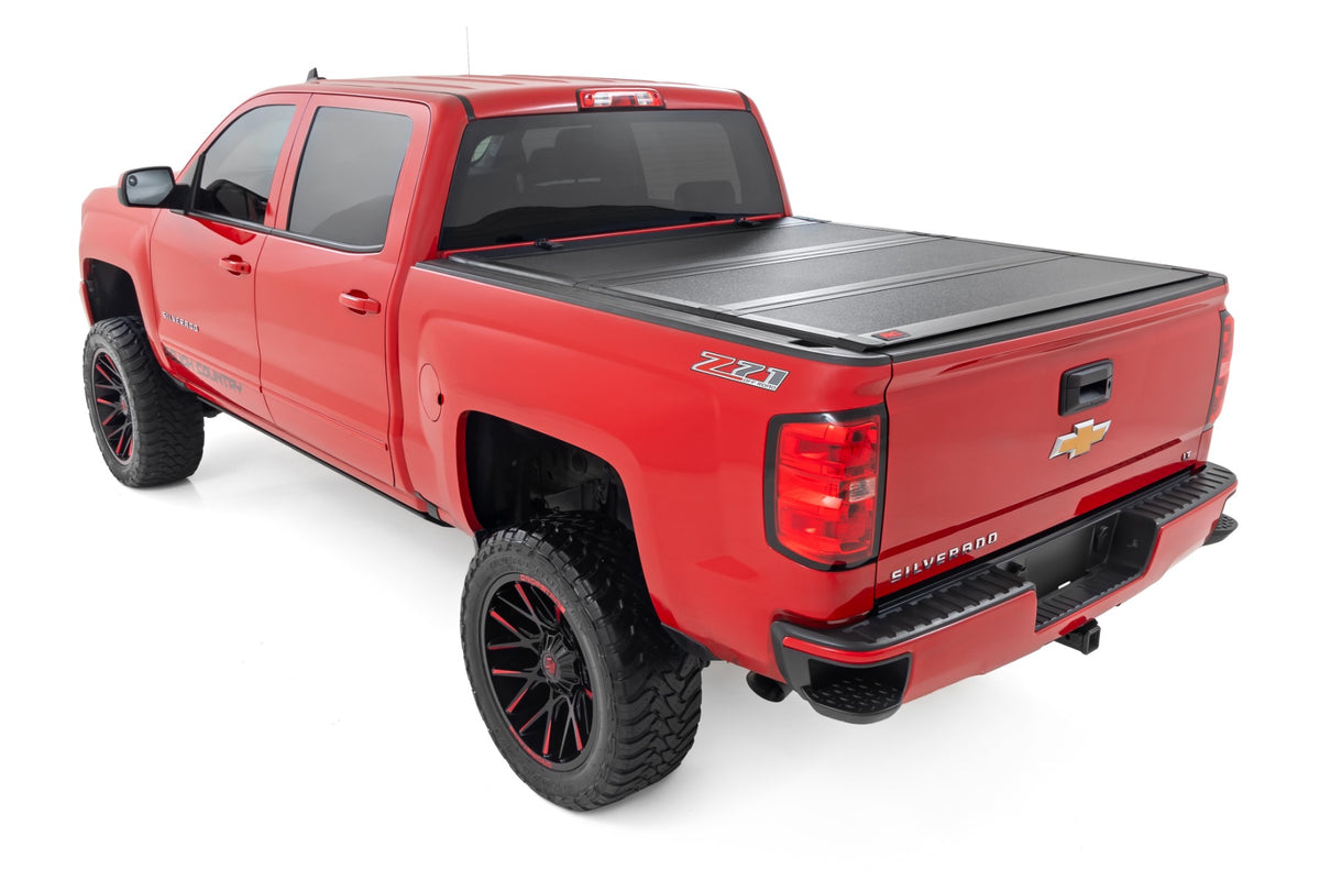 Hard Tri-Fold Flip Up Bed Cover | 6&#39;7&quot; Bed | Rail Cap | Chevy/GMC 1500/2500HD/3500HD (14-19)