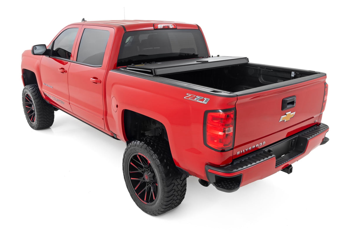 Hard Tri-Fold Flip Up Bed Cover | 6&#39;7&quot; Bed | Rail Cap | Chevy/GMC 1500/2500HD/3500HD (14-19)