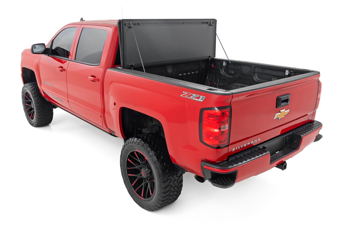 Hard Tri-Fold Flip Up Bed Cover | 6&#39;7&quot; Bed | Rail Cap | Chevy/GMC 1500/2500HD/3500HD (14-19)