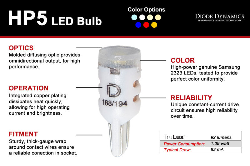 Diode Dynamics 194 LED Bulb HP5 LED Pure - White (Pair) - DD0029P