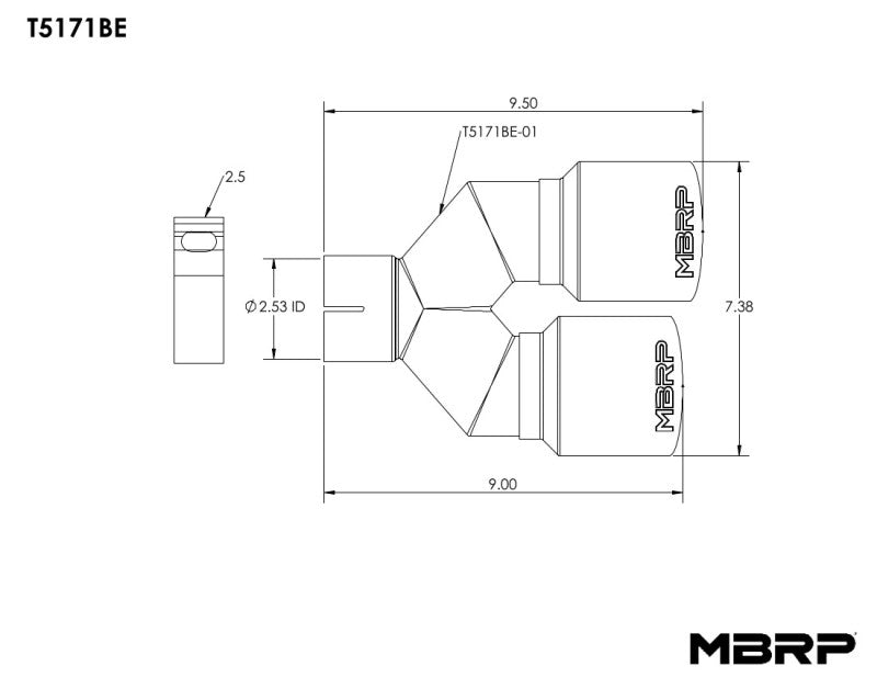 MBRP Burnt End Tip 2.5 ID, Dual 3.5 OD Out, 9.5 length, Single wall 304 Stainless Steel - T5171BE