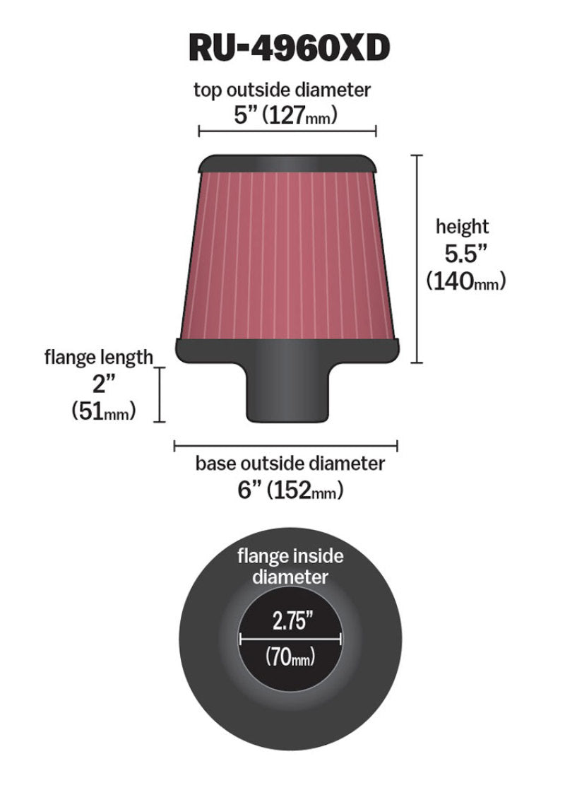 K&amp;N Filter Universal Clamp-On Filter-Round Tapered 2.75in Flange ID x 6in Base OD x 5in Top OD