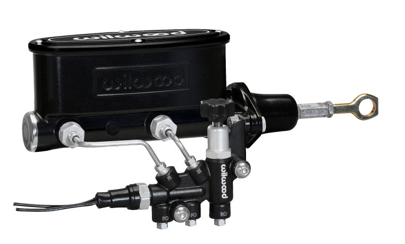 Wilwood HV Tandem M/C Kit w L/H Bracket &amp; Prop Valve - 7/8in Bore Black-W/Push. - Early Mustang