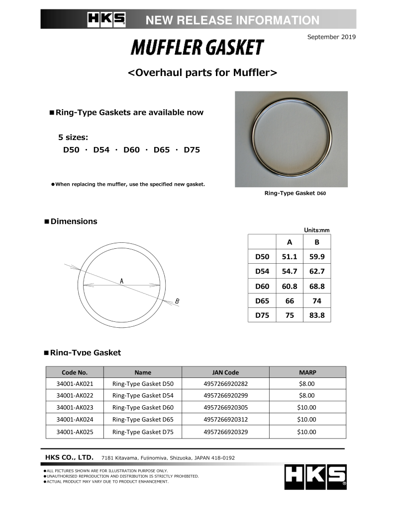 HKS Muffler Gasket 66mm ID 74mm OD