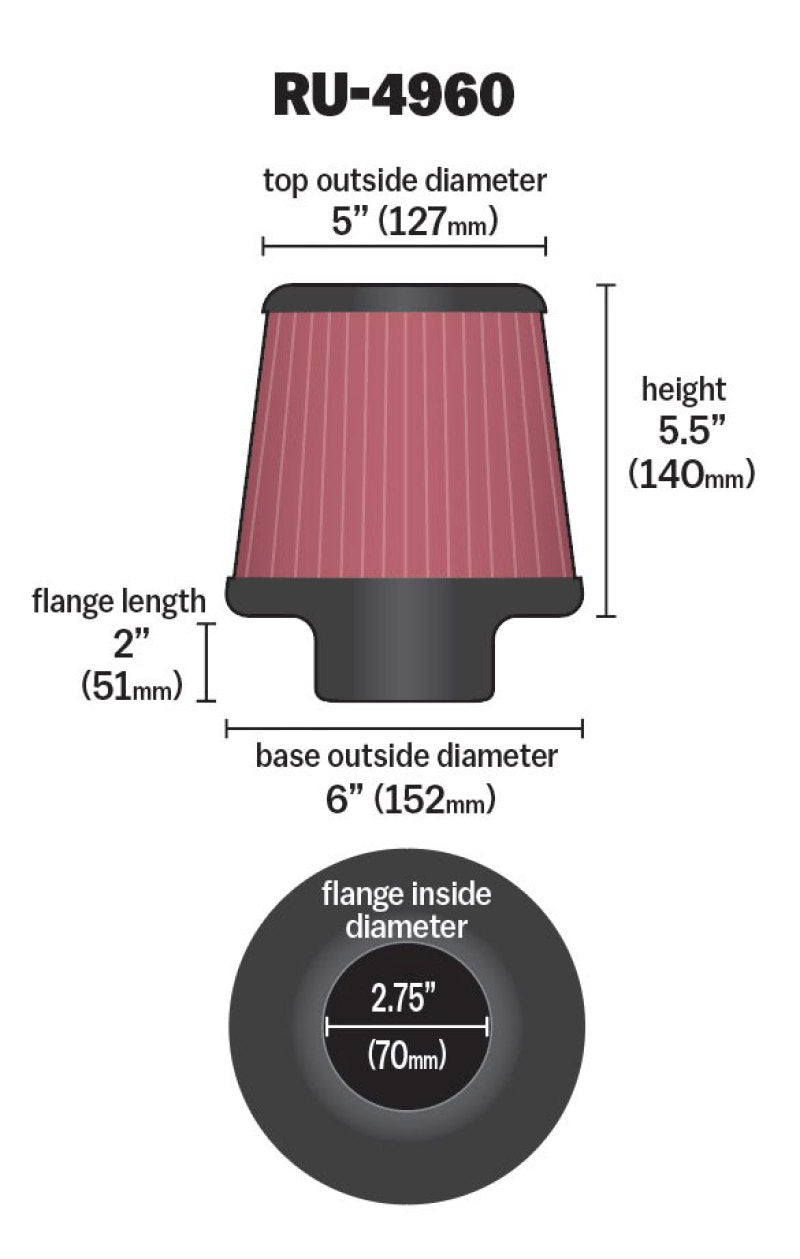 K&amp;N Filter Universal Rubber Filter 2 3/4 inch Flange 6 inch Base 5 inch Top 5 1/2 inch Height