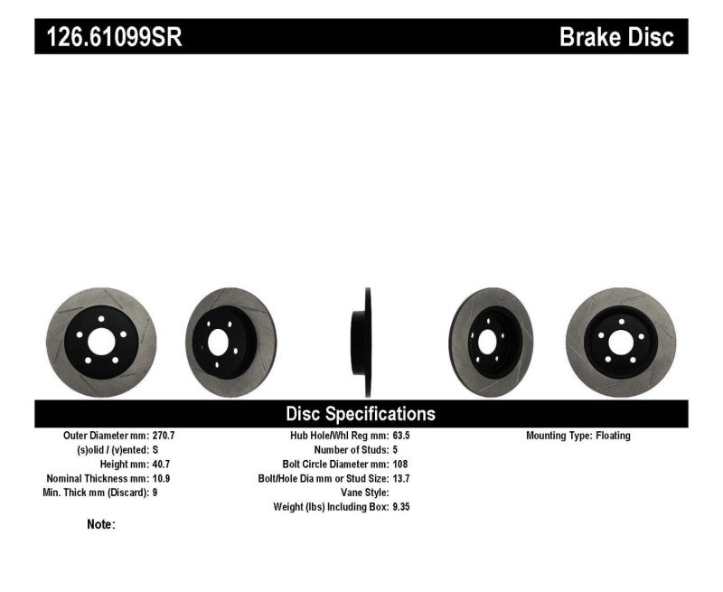 StopTech 13+ Ford Focus ST Slotted Rotor - Rear Right