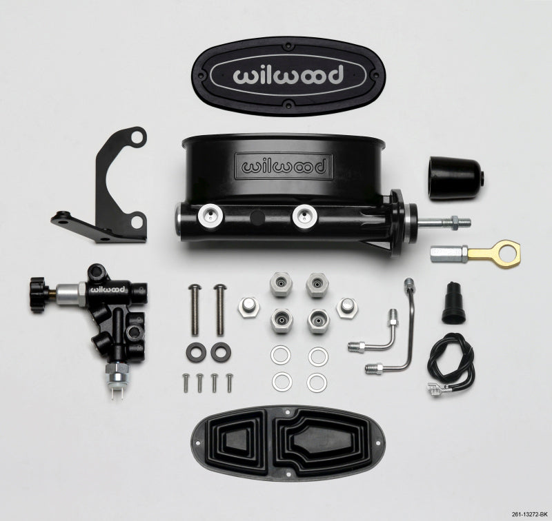 Wilwood HV Tandem M/C Kit w L/H Bracket &amp; Prop Valve - 7/8in Bore Black-W/Push. - Early Mustang