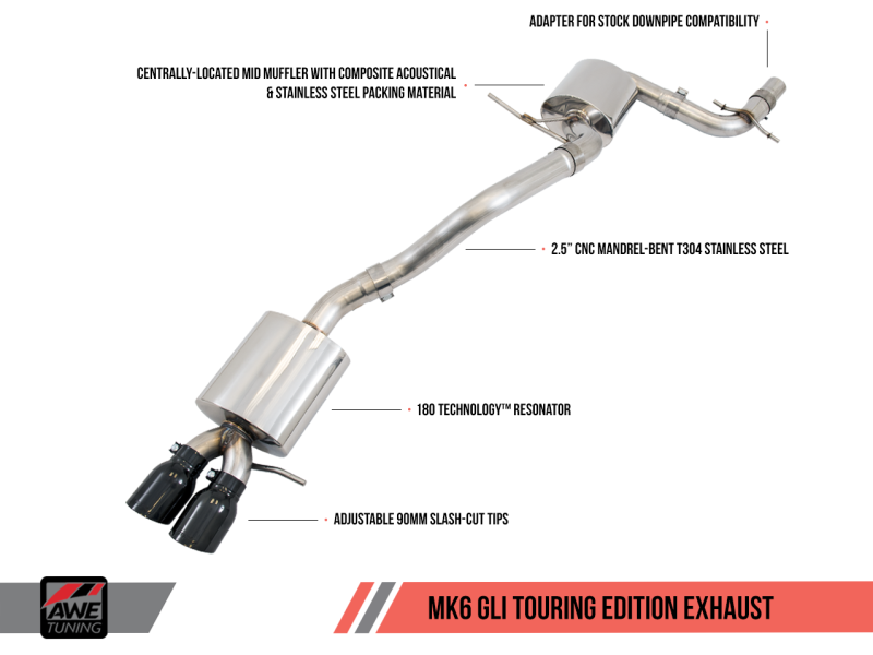 AWE Tuning Mk6 GLI 2.0T - Mk6 Jetta 1.8T Touring Edition Exhaust - Polished Silver Tips