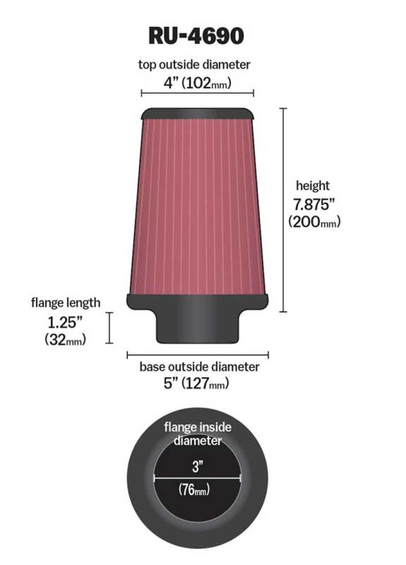 K&amp;N Universal Round Tapered Filter 3 inch FLG / 5 inch Bottom / 4 inch Top / 7 7/8 inch Height