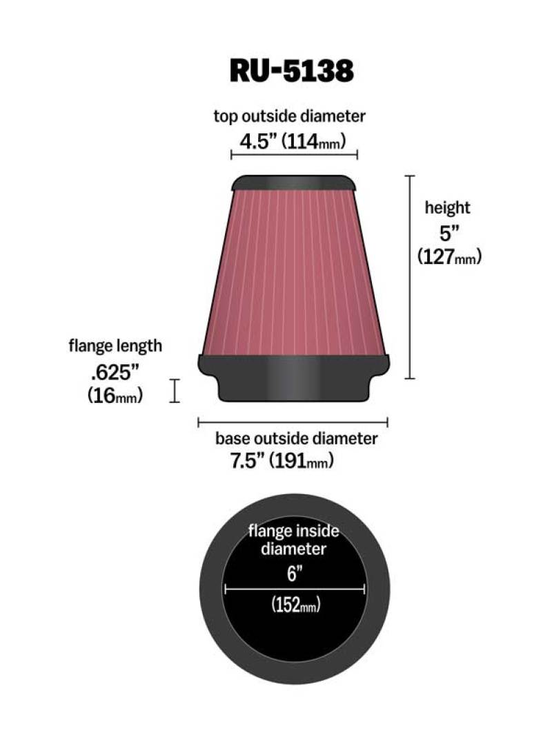 K&amp;N Universal Clamp-On Air Filter 6in FLG / 7-1/2in B / 4-1/2in T / 5in H