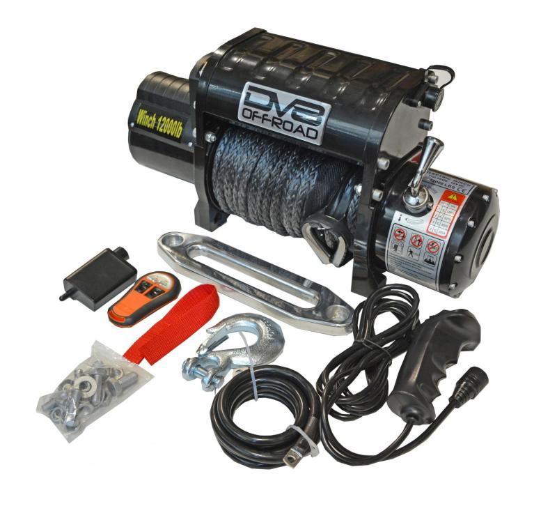 DV8 Offroad 12000 LB Winch w/ Synthetic Line &amp; Wireless Remote - Black