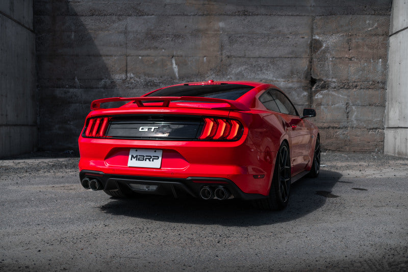 MBRP 18-20 Ford Mustang GT 5.0 w/ Quad Tip Active Exhaust Cat Back Split Rear T304 w/ Carb Fib Tips - S72093CF