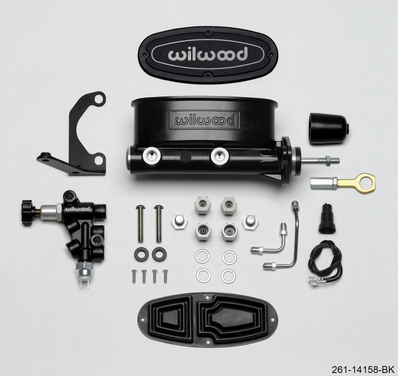 Wilwood HV Tandem M/C Kit w L/H Bracket &amp; Prop Valve - 15/16in Bore Black-W/Push. - Early Mustang